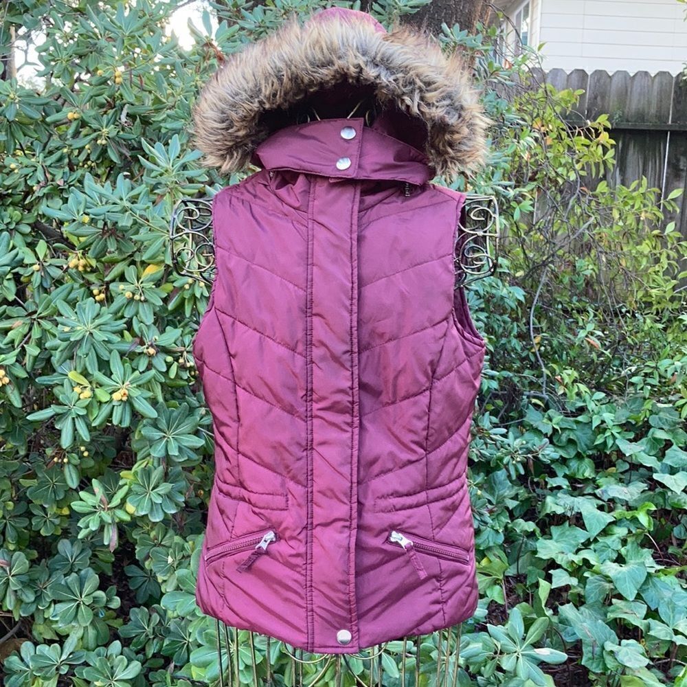 American Rag Burgundy Faux Fur Hooded Puffer Vest Size S